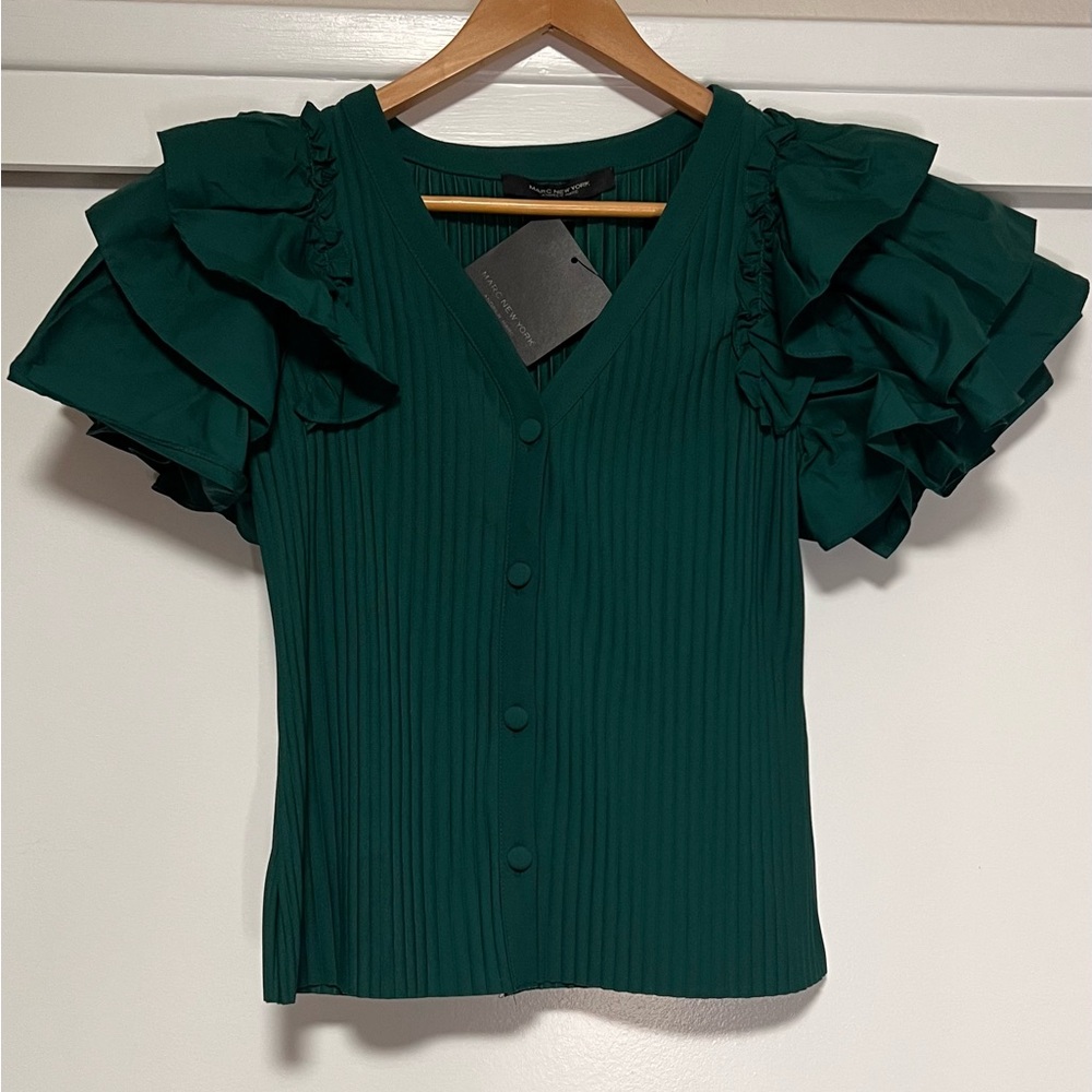 Marc New York Women’s Green Pleated Blouse with Ruffle Sleeves- S– New with Tags